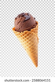 Realistic ice cream cone png vector featuring creamy chocolate ice cream with chocolate drizzle in a crunchy waffle cone. Great for food-related branding, menu designs, and dessert promotions.