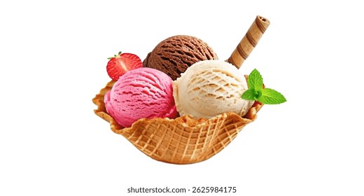 Realistic ice cream cone png vector featuring creamy chocolate ice cream with chocolate drizzle in a crunchy waffle cone. Great for food-related branding, menu designs, and dessert promotions.
