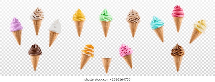 Realistic ice cream cone png vector featuring creamy chocolate ice cream with chocolate drizzle in a crunchy waffle cone. Great for food-related branding, menu designs, and dessert promotions.
