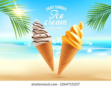 Realistic ice cream cones. Summer beach dessert and tropical landscape. Vector ads poster with 3d icecream in waffle cups on blurred seascape background with yellow sand, sun and palm tree branch