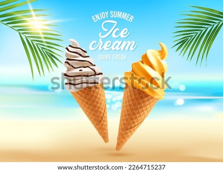Realistic ice cream cones. Summer beach dessert and tropical landscape. Vector ads poster with 3d icecream in waffle cups on blurred seascape background with yellow sand, sun and palm tree branch
