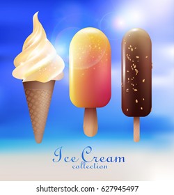 Realistic ice cream desserts collection with eskimo popsicles and sundae products on blue blurred background isolated vector illustration