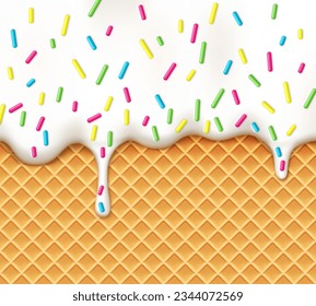 Realistic ice cream drip on wafer cone background with candy sprinkles. 3d vector melted icing, frozen yogurt or sweet sauce drop on waffle texture, liquid, glossy white molten syrup or cream border