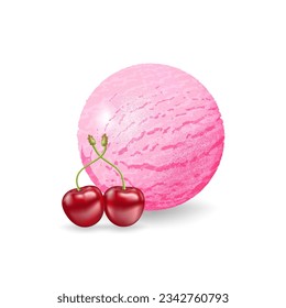 Realistic ice cream illustration. Pink ice cream ball with cherry flavor. Delicious summer dessert in 3D vector design. For product packaging and advertising