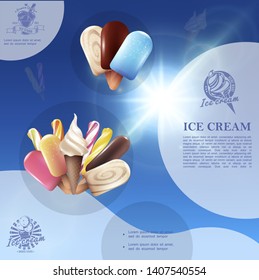Realistic ice cream light template with milk dark chocolate caramel fruit glazes vector illustration