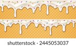 Realistic ice cream melting drip with candy sprinkles on wafer background. 3d vector molten syrup texture with drops on waffle cone. White sweet liquid splashes, glossy border with dripping droplets