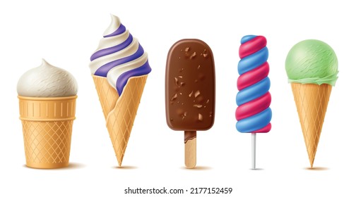 Realistic ice cream. Milk cold desserts, waffle cup and cone, popsicle stick, twisted shape summer frozen juice, chocolate glaze with nuts, fruit and mint ball, utter vector isolated set