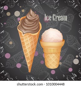 Realistic ice cream on black backdrop with sketch pattern. Chalk style. Design for menu or other. 