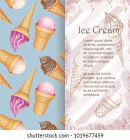 Realistic ice cream pattern with sketch variations. Design for menu or other. 