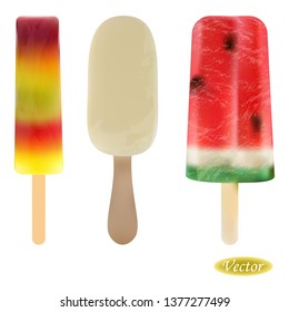 Realistic ice cream popsicle. Colorful designer element set for paper, interiors, t-shirts, logos, covers, fabrics, labels, card and more.