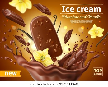 Realistic ice cream poster. Chocolate popsicle with vanilla flavor in cocoa splash, flying flowers, glaze with nuts, summer product advertising, promotional banner, utter vector 3d concept