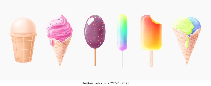 Realistic ice cream set, multi flavors. Different types of ice cream 3d cartoon. Street food, fast food summer.