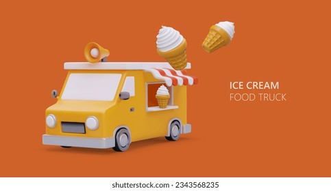 Camión de helados realista. Caramelos comerciales de la calle de los autos. Transporte de comida rápida. Dulces fríos de verano en conos de gofre. Banner en color de publicidad brillante