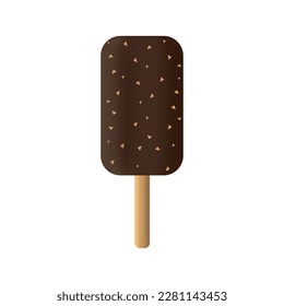 Realistic ice cream vector illustration with chocolate glaze and nuts on a stick. Chocolate almond popsicle on a stick isolated on white