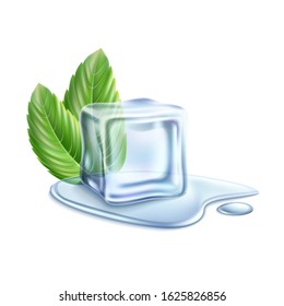 Realistic ice cube with green mint leaves and water drop. Melting ice block for fresh soft drink. Vector frozen water, melting ice for refreshing advertising design. Pure water package design
