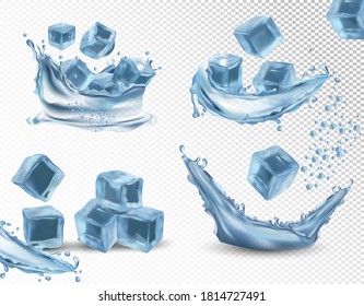 Cubo de hielo realista y salpicaduras de agua en un fondo transparente. Cubos de hielo helado azul con gotas de agua. Ilustración vectorial.