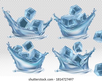 Cubo de hielo realista y salpicaduras de agua en un fondo transparente. Cubos de hielo helado azul de diferentes ángulos. Ilustración vectorial.