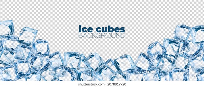 Realistic ice cubes background, crystal ice blocks frame, isolated border of blue transparent frozen water cubes. 3d vector glass or icy solid pieces for drink ad with clean square blocks
