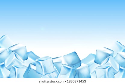 Cubos de hielo realistas bloques composición con espacio vacío o fondo de espacio de copia, imágenes de cubo de hielo coloridas ilustración vectorial
