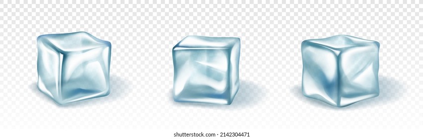 Realistic ice cubes. Cold freeze water blocks different angles view for alcohol drink and cool aqua beverages, frozen clear blue pieces isolated. Vector 3d illustration