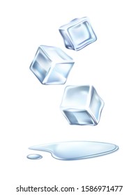 Realistic ice cubes with green mint leaves and water drops . Melting ice blocks for fresh soft drink. Vector frozen water, melting ice for refreshing advertising design. Pure water package design