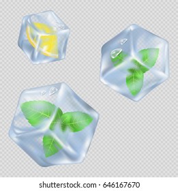 Realistic ice cubes with green spearmint leaves and small lemon slice isolated vector illustration on transparent background.