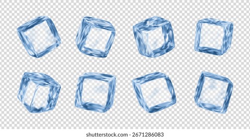 Cubos de hielo realistas. Piezas de cristal azules aisladas del Vector 3d para refrescar la bebida, bloques cuadrados limpios, agua congelada para el alcohol o las bebidas de cóctel fijados en fondo transparente