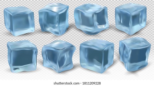 Cubos de hielo realistas sobre un fondo transparente. Ocho cubos azules de hielo para diferentes ángulos. Icono vectorial 3D.