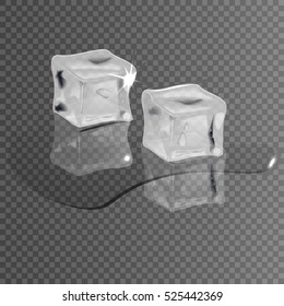 Realistic ice cubes on a transparent background, melting in the water. Vector illustration.