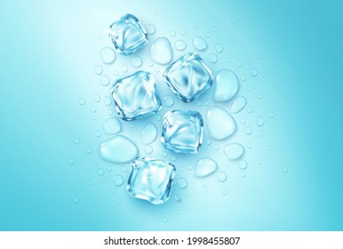 Realistic Ice Cubes and Water Drops on a Blue Background. Top view of melting ice cubes. Vector illustration EPS10