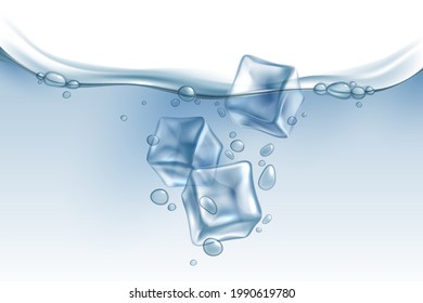 Realistic ice cubes in water. Iced pieces falling in aqua, air bubbles in clear liquid. Beverage with frozen blocks, cold soda drink or cocktail. Advertising backdrop, vector background