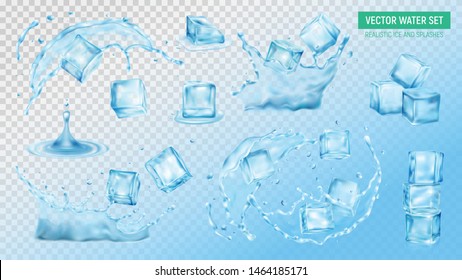 Realistic Ice Cubes Water Splash Set Of Colourful Isolated Images On Transparent Background With Text Vector Illustration