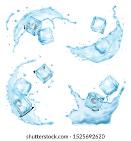 Realistic ice cubes water splash set with isolated images of liquid flow drops on blank background vector illustration
