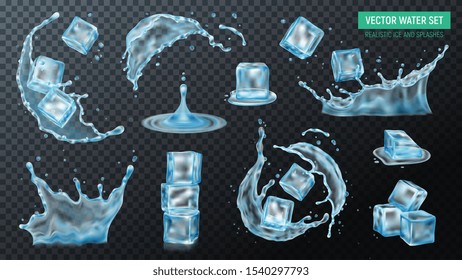 Realistic ice cubes water splash set with isolated images of liquid on transparent background with text vector illustration