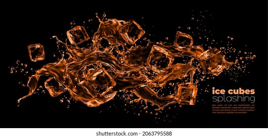 Realistic ice cubes and whiskey wave splashes, vector flow background. Frozen ice cubes whirl splash for premium alcohol drinks, whiskey or bourbon and cognac and rum pouring with drops ripples