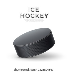 Realistic ice hockey 3d puck. Athletic equipment for championships promo design element. Vector black round puck for Sport betting design. Team game tournament and competition poster.