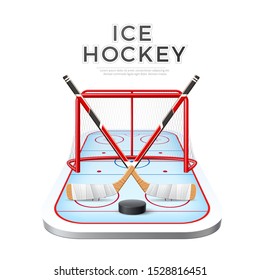 Realistic ice hockey crossed sticks with puck on red goal with net and playground background. Hockey emblem vector design. Team winter sport championship poster. Betting promo banner.