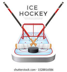 Realistic ice hockey crossed sticks with puck on red goal with net and playground background. Hockey emblem vector design. Team winter sport championship poster. Betting promo banner.