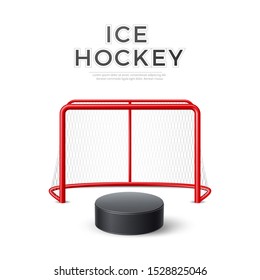 Realistic ice hockey goal with net and 3d puck. Vector winter team sport championship and competition design. Betting promo poster design.