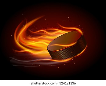 Realistic ice hockey puck in fire on black background vector illustration
