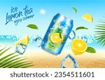 Realistic ice lemon tea drink can with ice cubes, fruit and leaves on summer beach sand. Vector advertising banner providing refreshing beverage experience, amidst the summer beach scenery escape