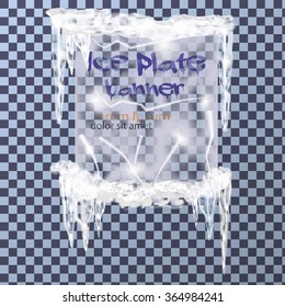 Realistic ice plate banner with icicles and snow on transparent background, vector