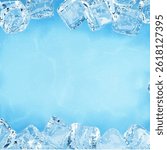 Realistic iced surface with ice cubes. Glacier background Texture of ice with ice cubes boarder. Winter background.