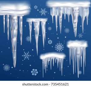 Realistic icicles fragments collection on dark blue snowy winter background with abstract drawn snowflakes vector illustration 