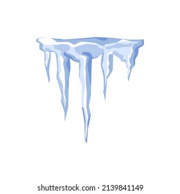 Realistic icicles hanging down, cartoon vector illustration isolated on white background. Cold winter snowy weather with frozen water. 3d blue crystals for game design.