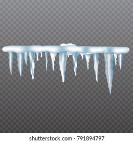 Realistic icicles with snow set on transparent background. Vector illustration.