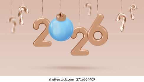 Realistic icon, 3d render, golden numbers 2026 with blue Christmas ball and candy cane on gold background. Happy New Year Vector illustration for card, party, design, flyer, banner, web, advertising