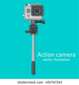 Realistic icon of action camera with a stick for a selfie for video and photographing. A vector illustration in flat style.