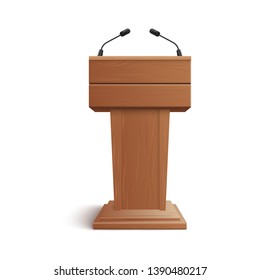 Realistic icon of blank brown wooden stand, podium or rostrum with microphones for presentations at conferences, lectures or debates. Isolated 3D vector illustration.