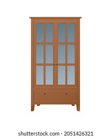 Realistic icon of brown wooden cabinet with drawer and glass doors on white background vector illustration